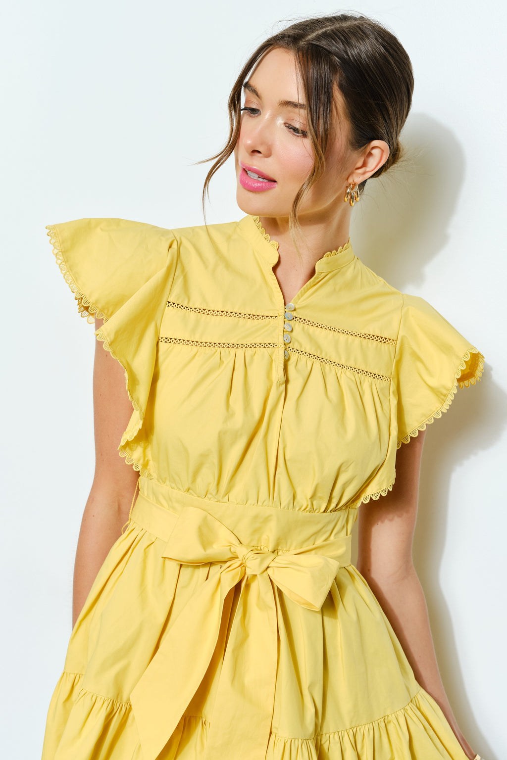 Cotton Mini Dress with Ruffled Sleeves and Lace Trim