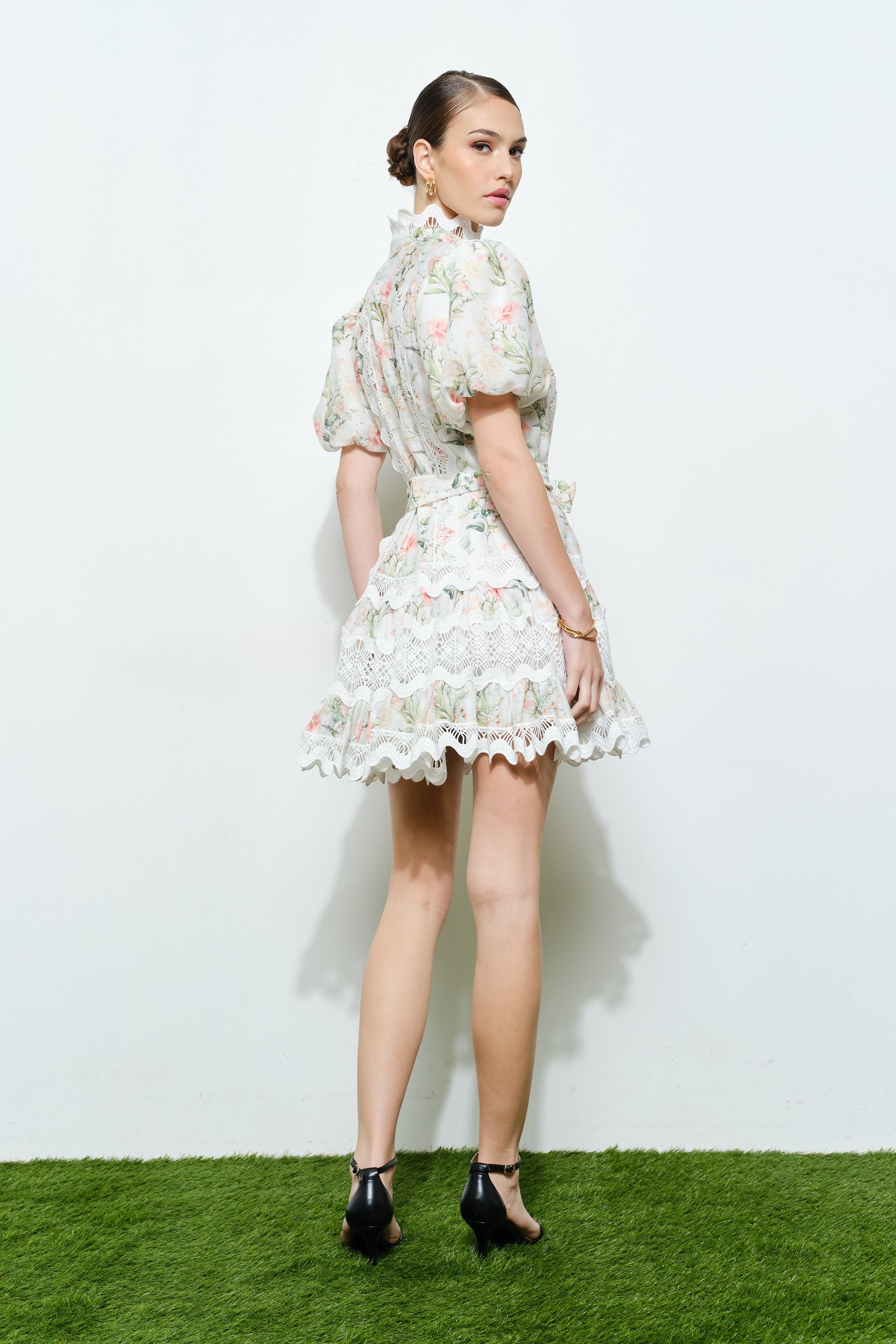 Romantic Floral Mini Dress with Lace Trim and High Neck