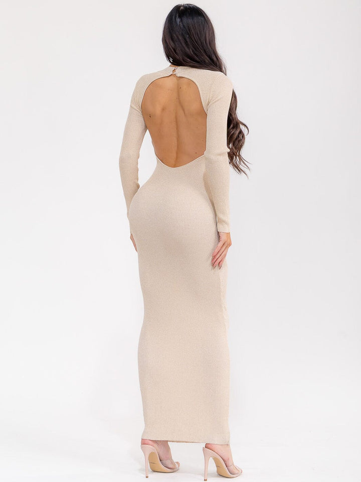 Women's Long Fitted Dress with Long Sleeves, Open Back & Shiny Ribbed Fabric - Beige