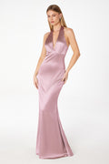 Deep V-Neck Halter Satin Maxi Dress