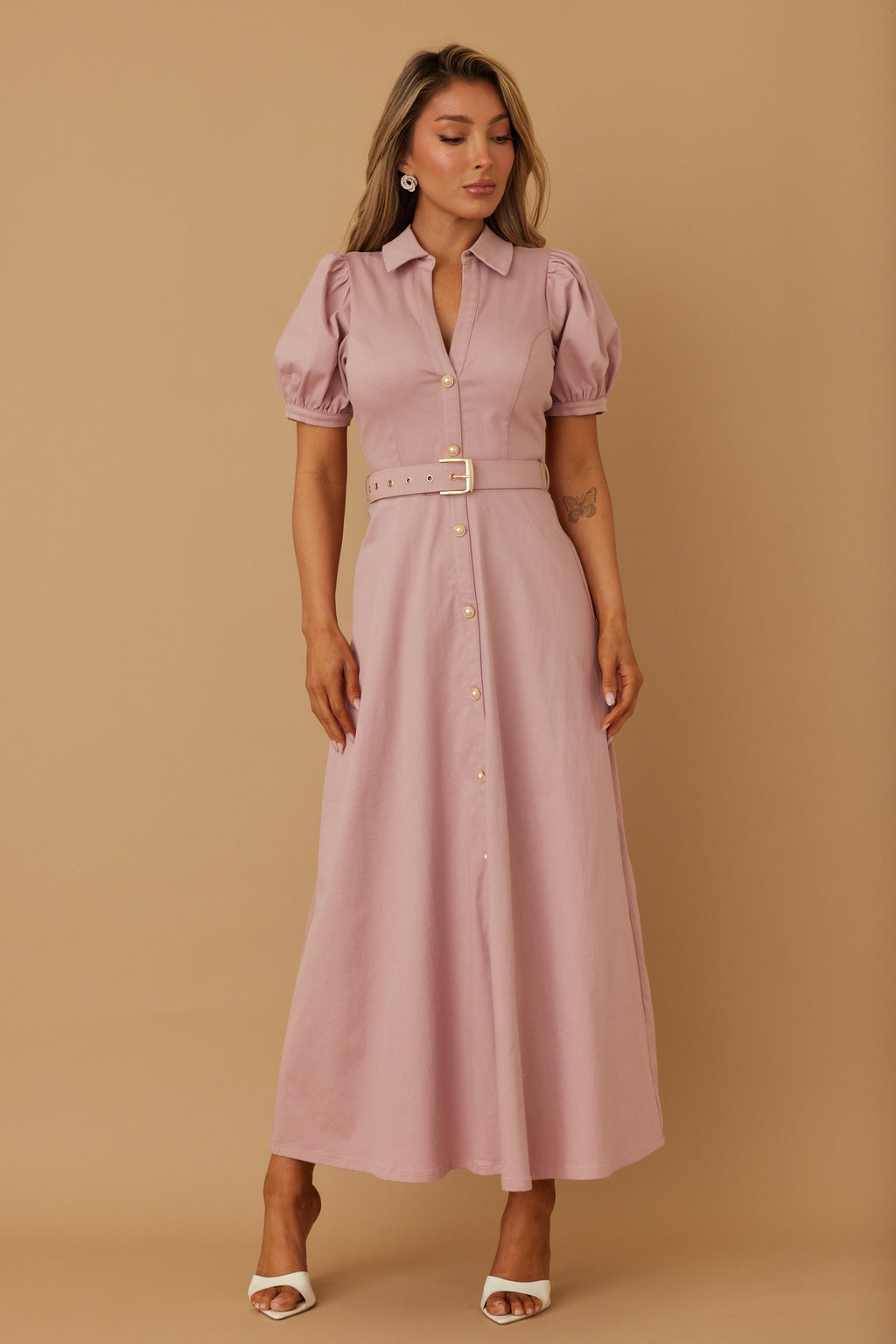 Pearl Button Midi Dress with Denim & Adjustable Belt