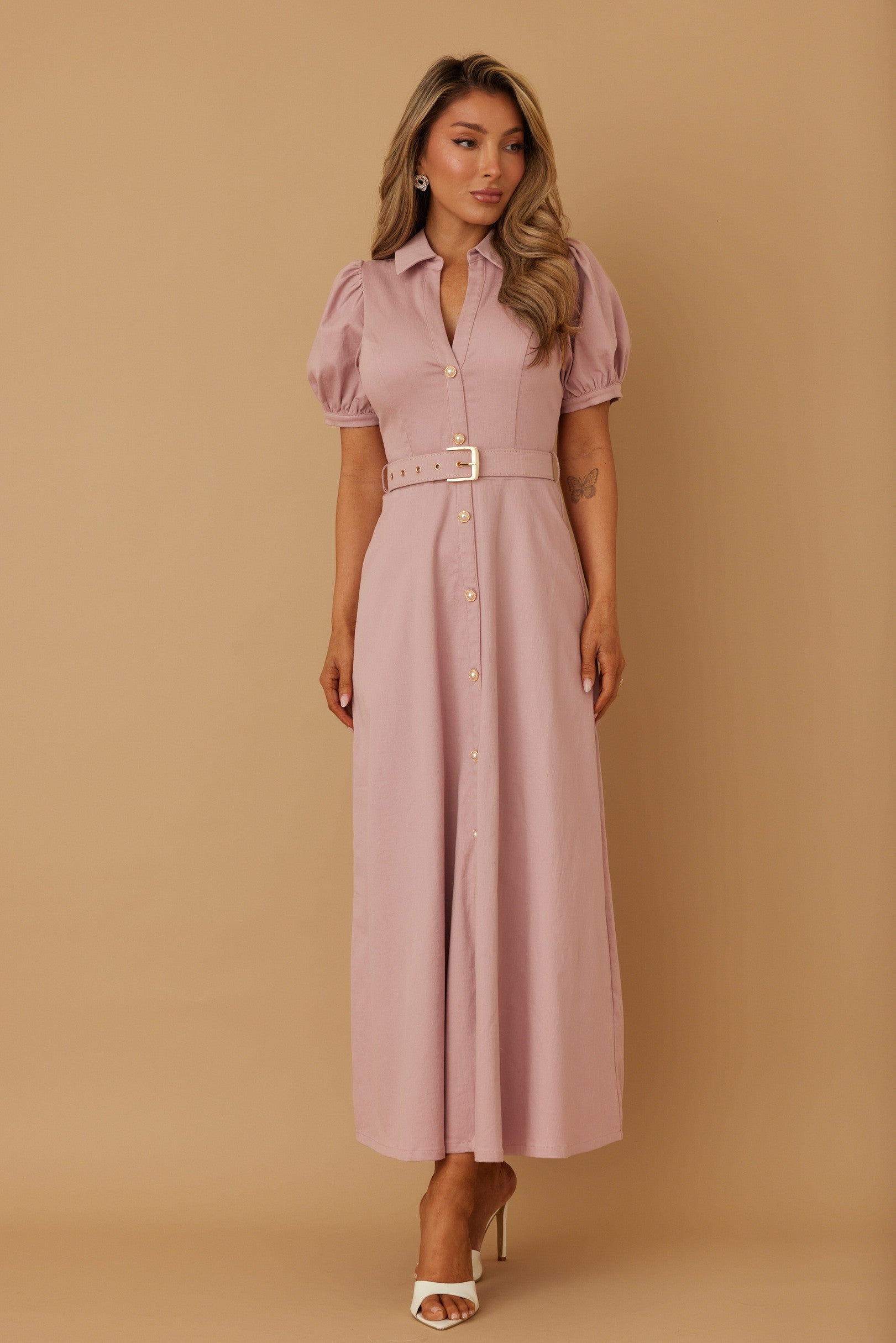 Pearl Button Midi Dress with Denim & Adjustable Belt