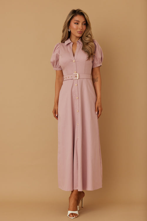 Pearl Button Midi Dress with Denim & Adjustable Belt