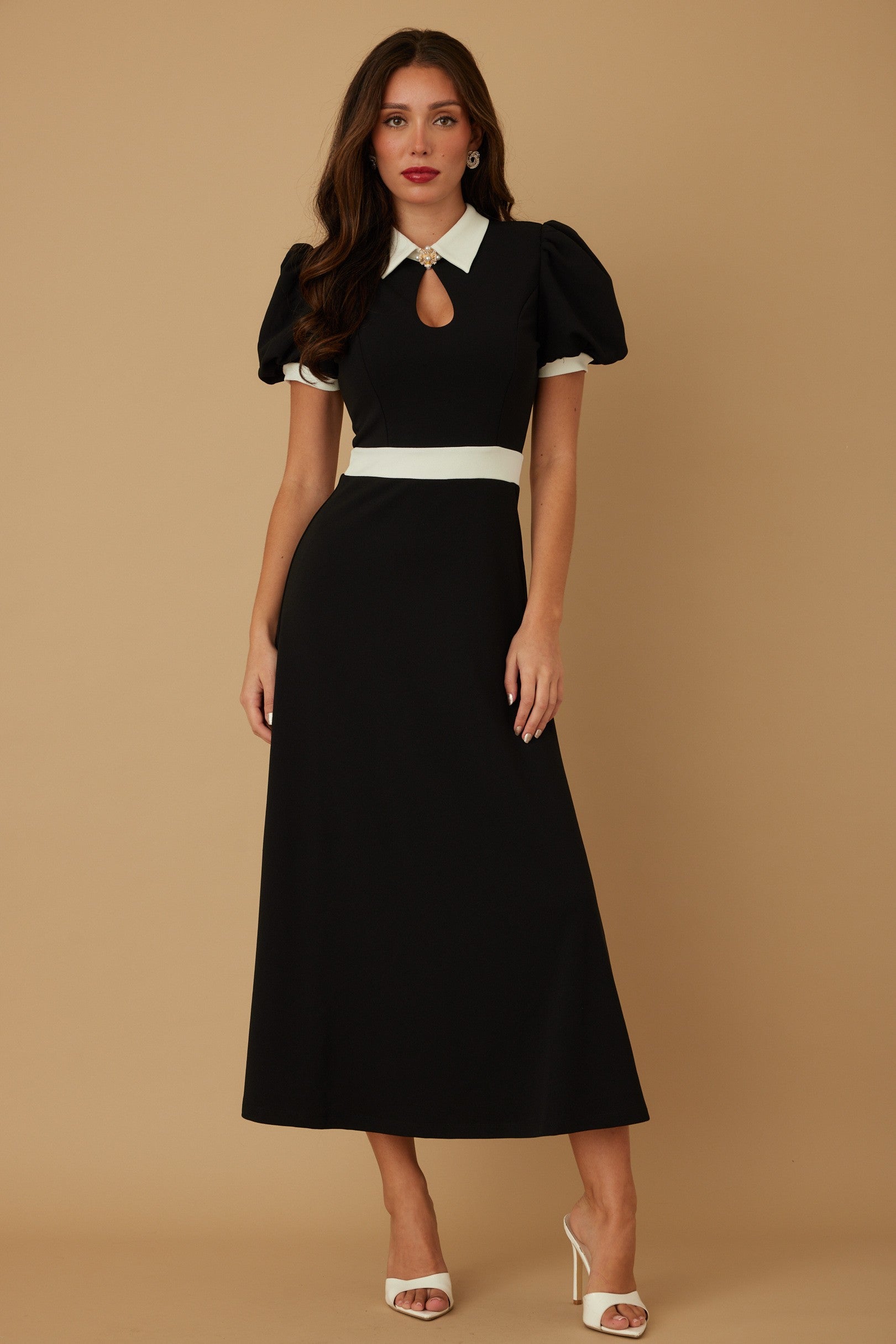 Elegant Pearl Stone Midi Maxi Dress | Puff Sleeves & Teardrop