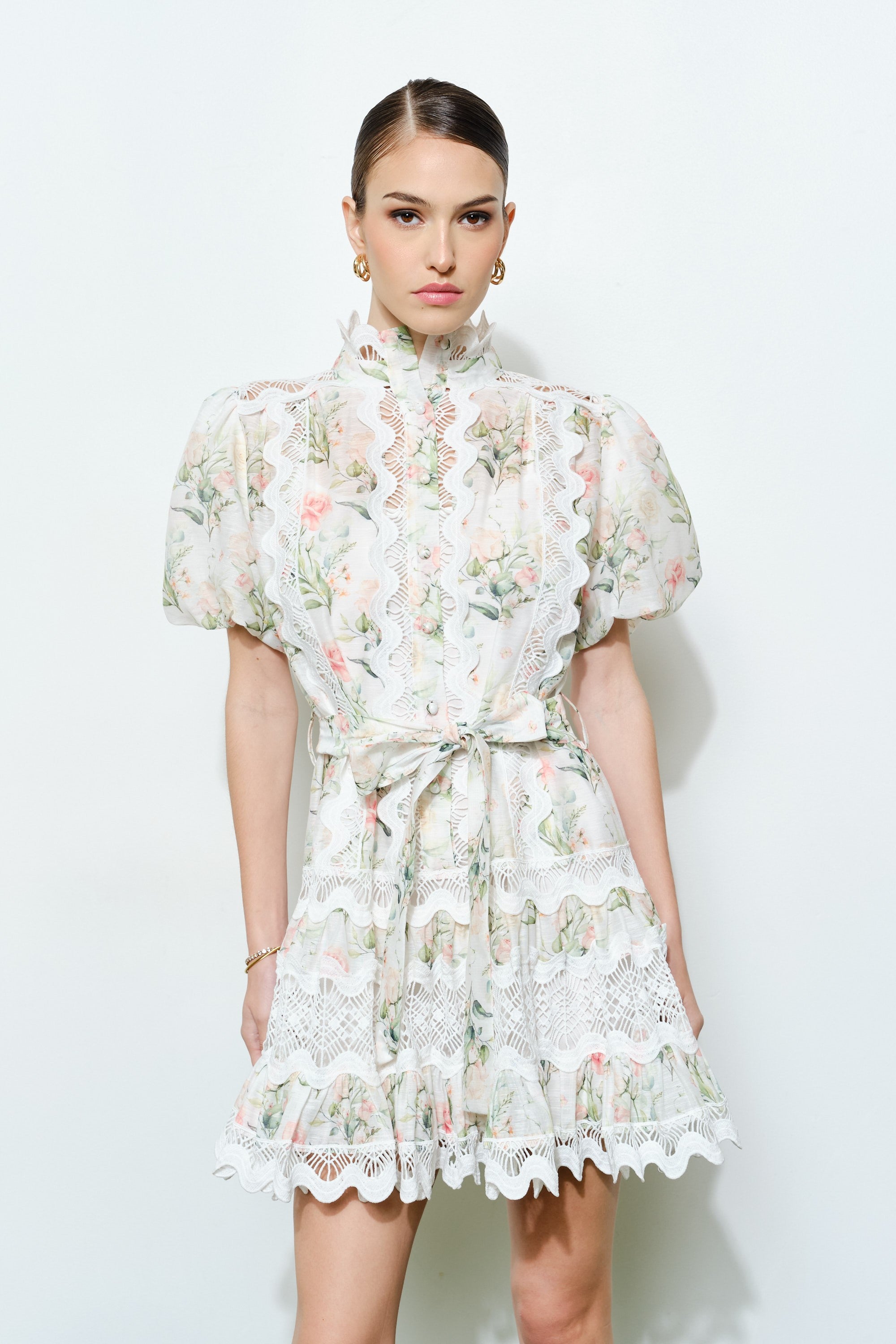 Romantic Floral Mini Dress with Lace Trim and High Neck