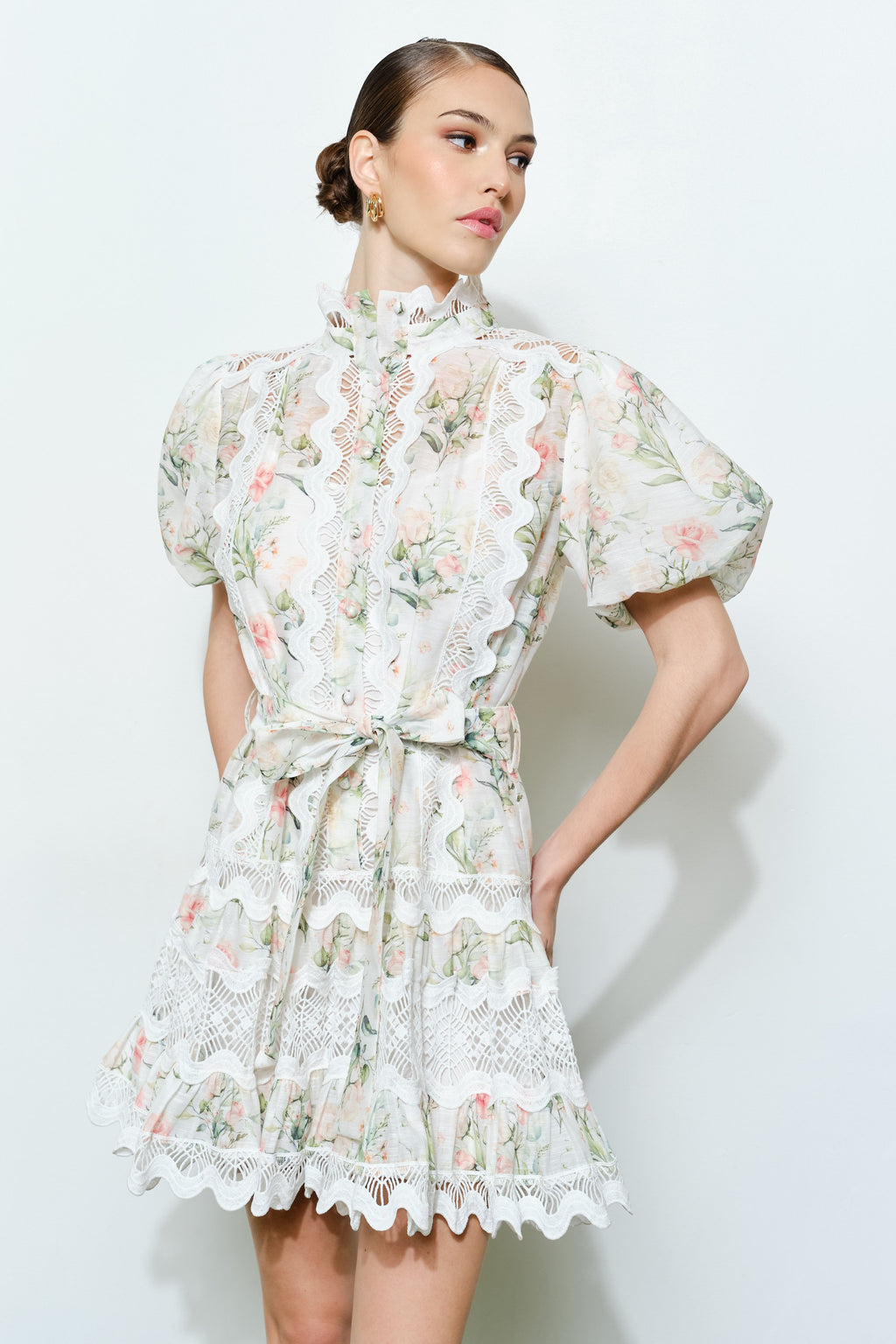 Romantic Floral Mini Dress with Lace Trim and High Neck