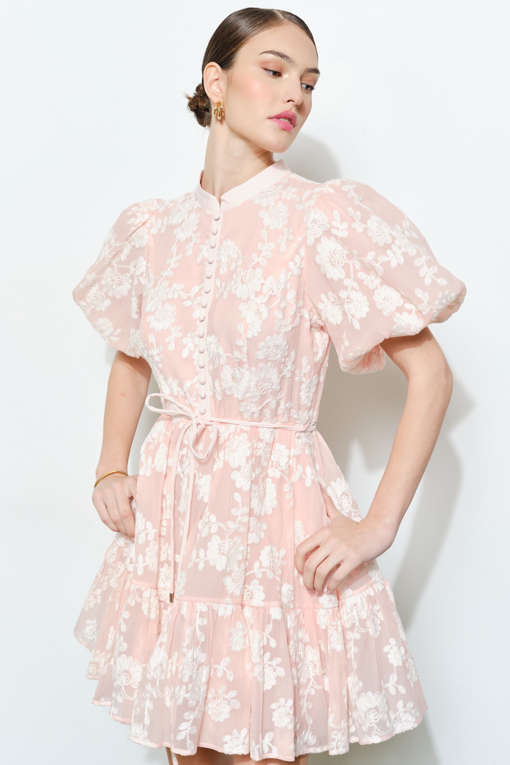 Romantic Floral Button Mini Dress with Waist Bow
