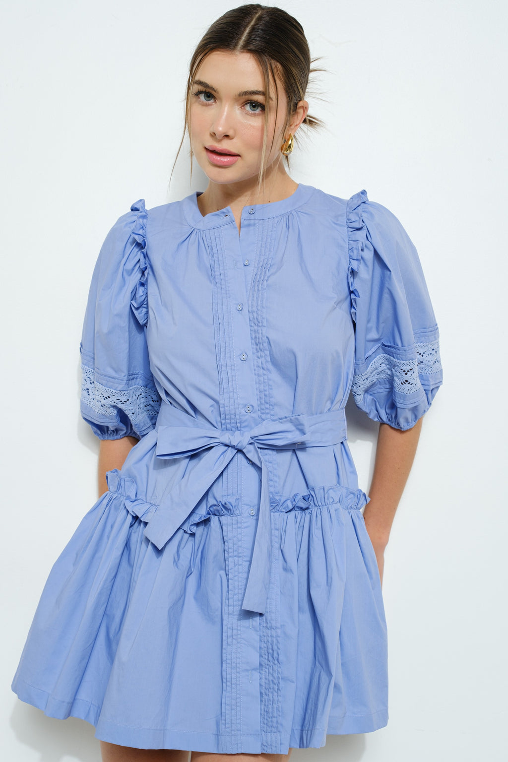 Tiered Cotton Mini Dress with Puff Long Sleeves