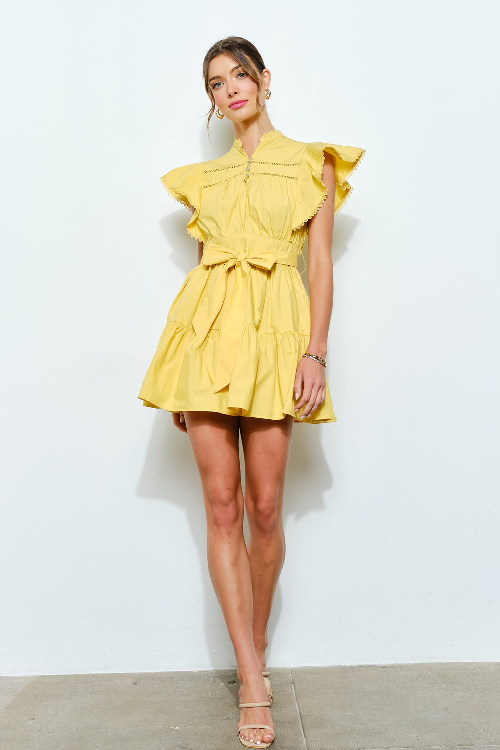 Cotton Mini Dress with Ruffled Sleeves and Lace Trim