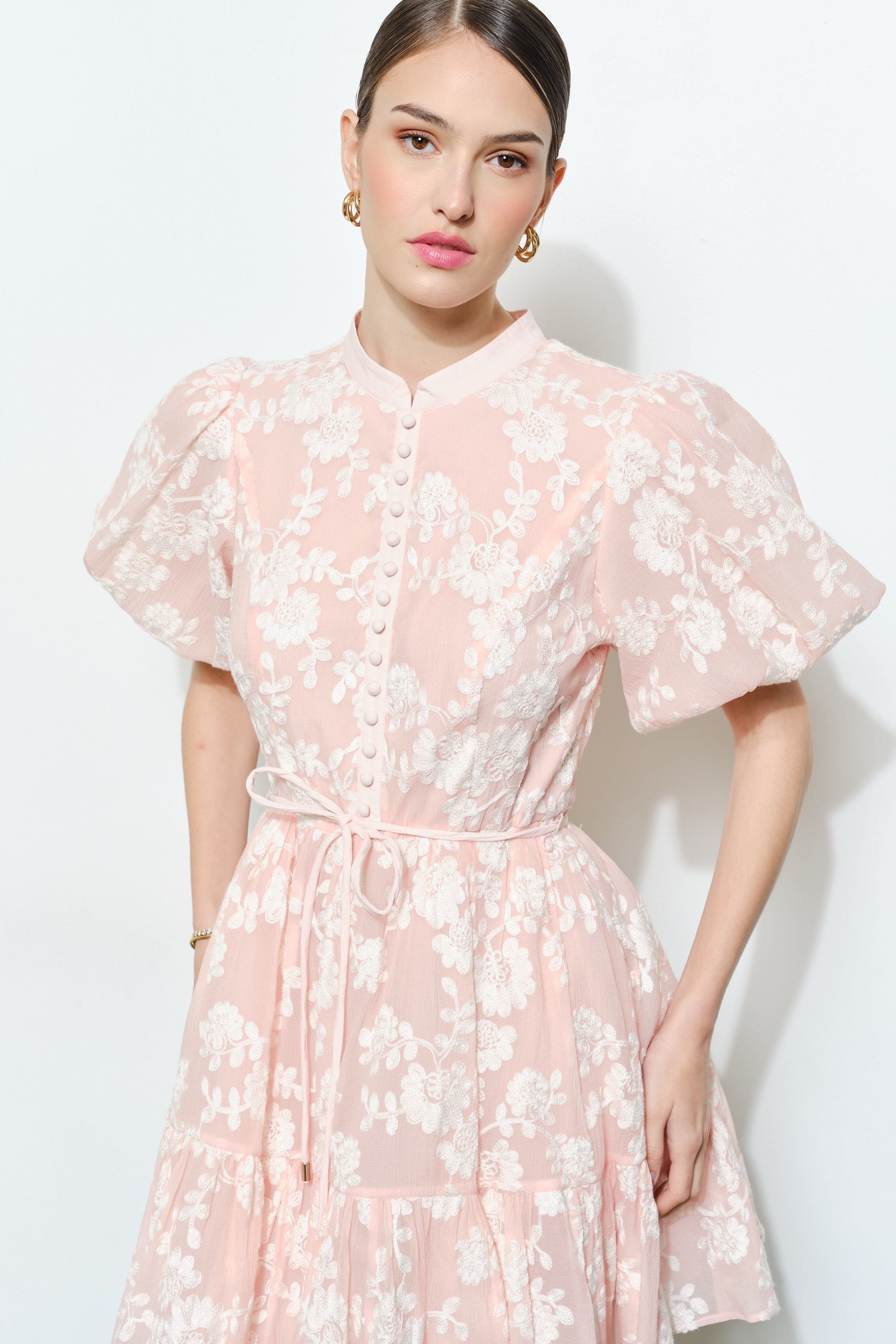 Romantic Floral Button Mini Dress with Waist Bow