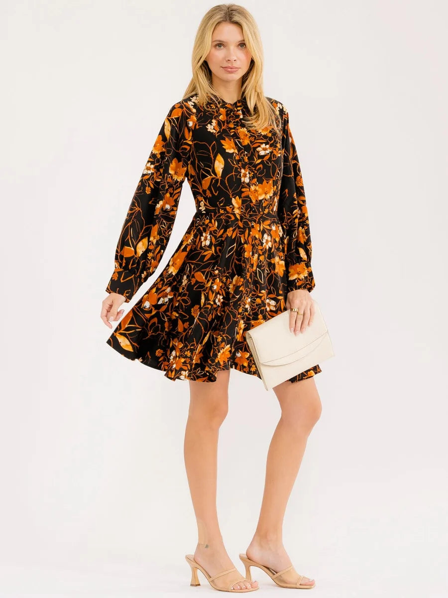 Women's Long Sleeve Mini Dress with Buttons & Floral Print