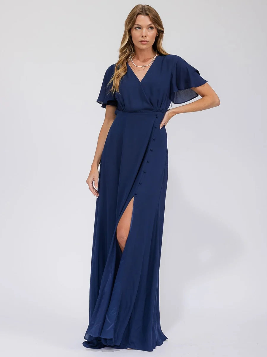 Women's Short-Sleeve Wrap Style Maxi Dress with Front Slit