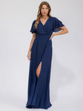 Women's Short-Sleeve Wrap Style Maxi Dress with Front Slit