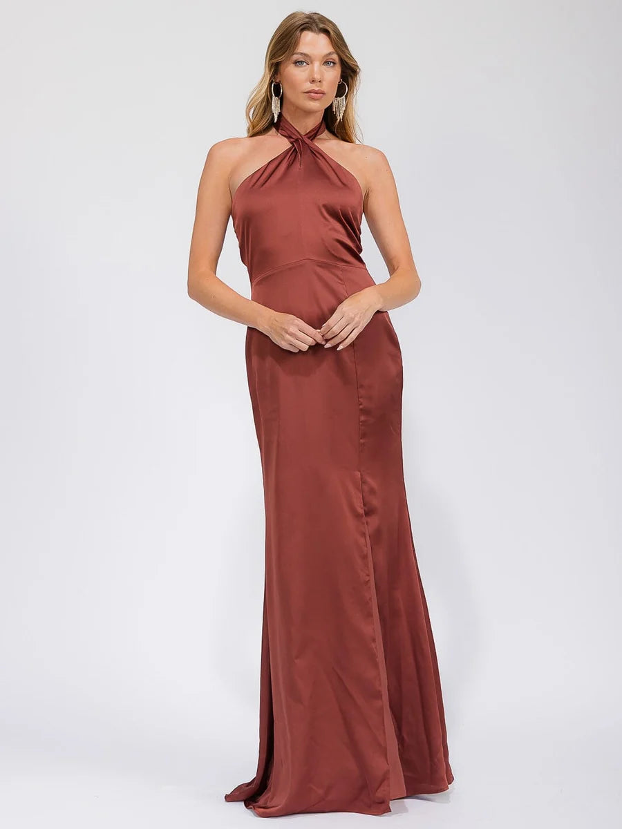Women's Sleeveless Halter Neck Maxi Dress with Side Slit - Caramel Brown
