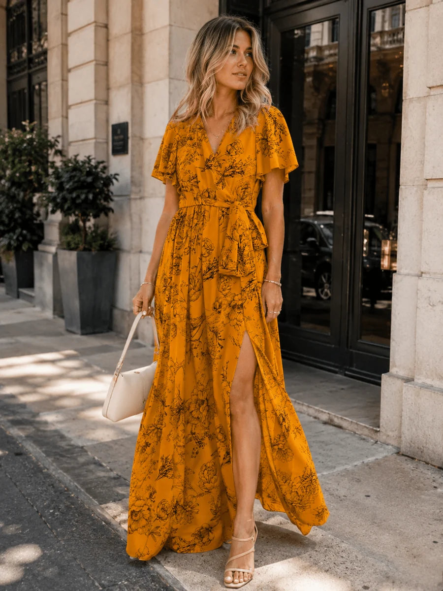 Women's Long Floral Dress with Short Sleeves, Elastic Waist & Crossover Tie - Yellow Floral Print