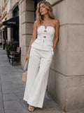 Women's 2-Piece Set: Sleeveless V-Neck Peplum Top & Wide-Leg Pants with Pockets - Off-White