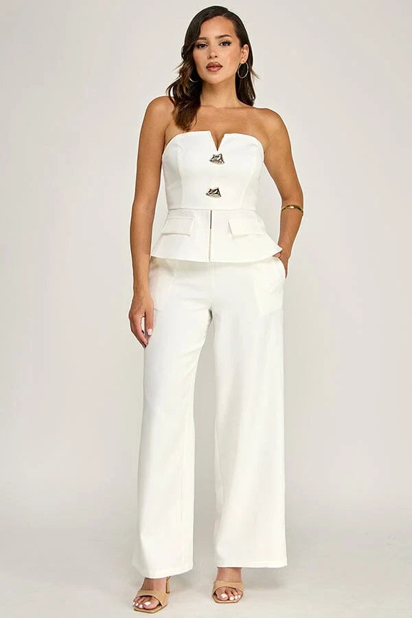 Women's 2-Piece Set: Sleeveless V-Neck Peplum Top & Wide-Leg Pants with Pockets - Off-White