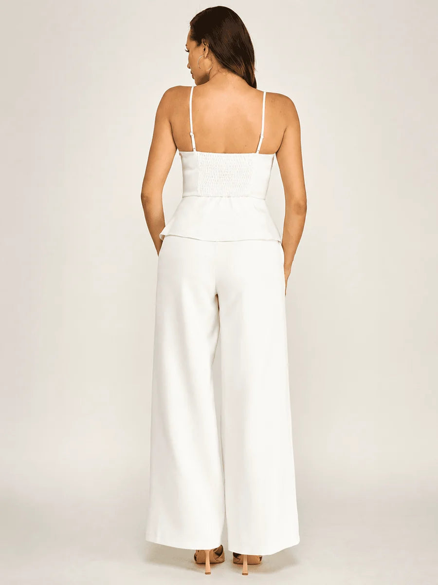 Women's 2-Piece Set: Sleeveless V-Neck Peplum Top & Wide-Leg Pants with Pockets - Off-White