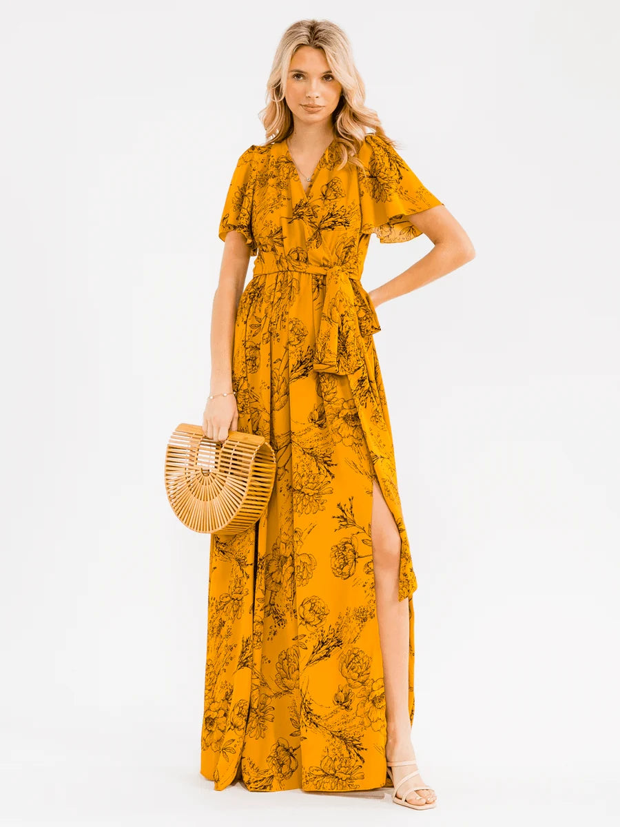 Women's Long Floral Dress with Short Sleeves, Elastic Waist & Crossover Tie - Yellow Floral Print