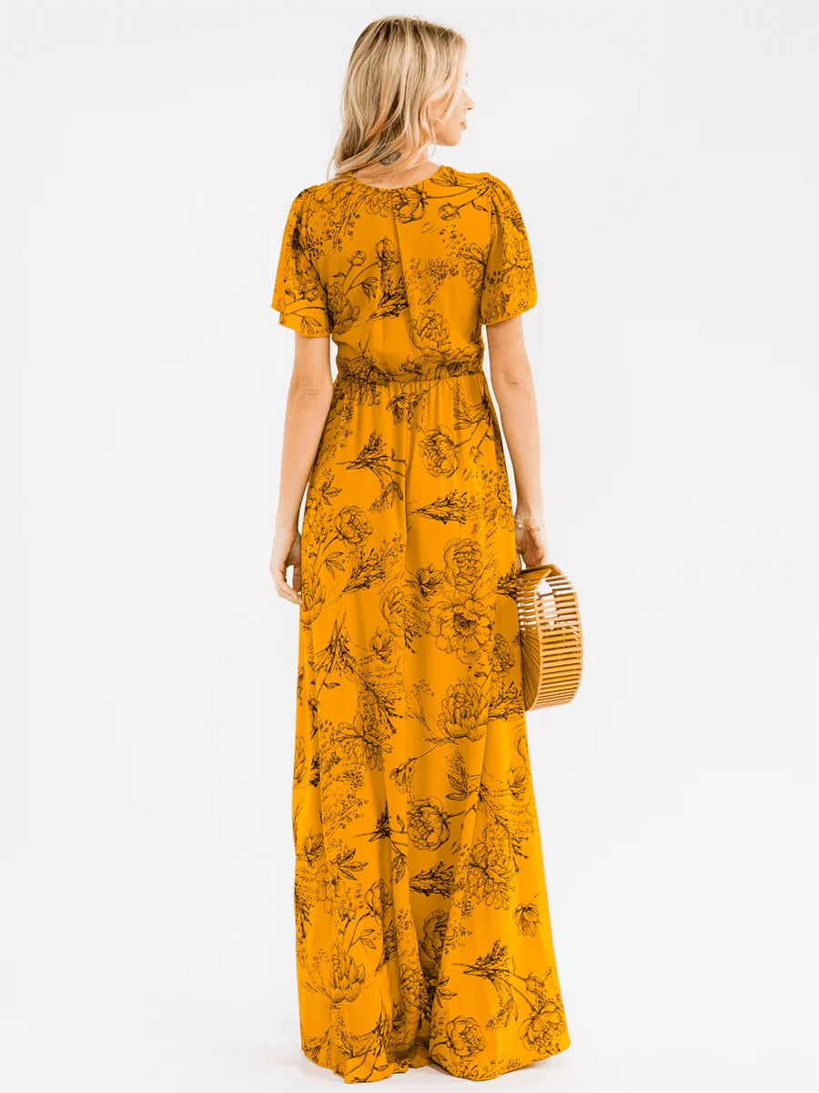Women's Long Floral Dress with Short Sleeves, Elastic Waist & Crossover Tie - Yellow Floral Print