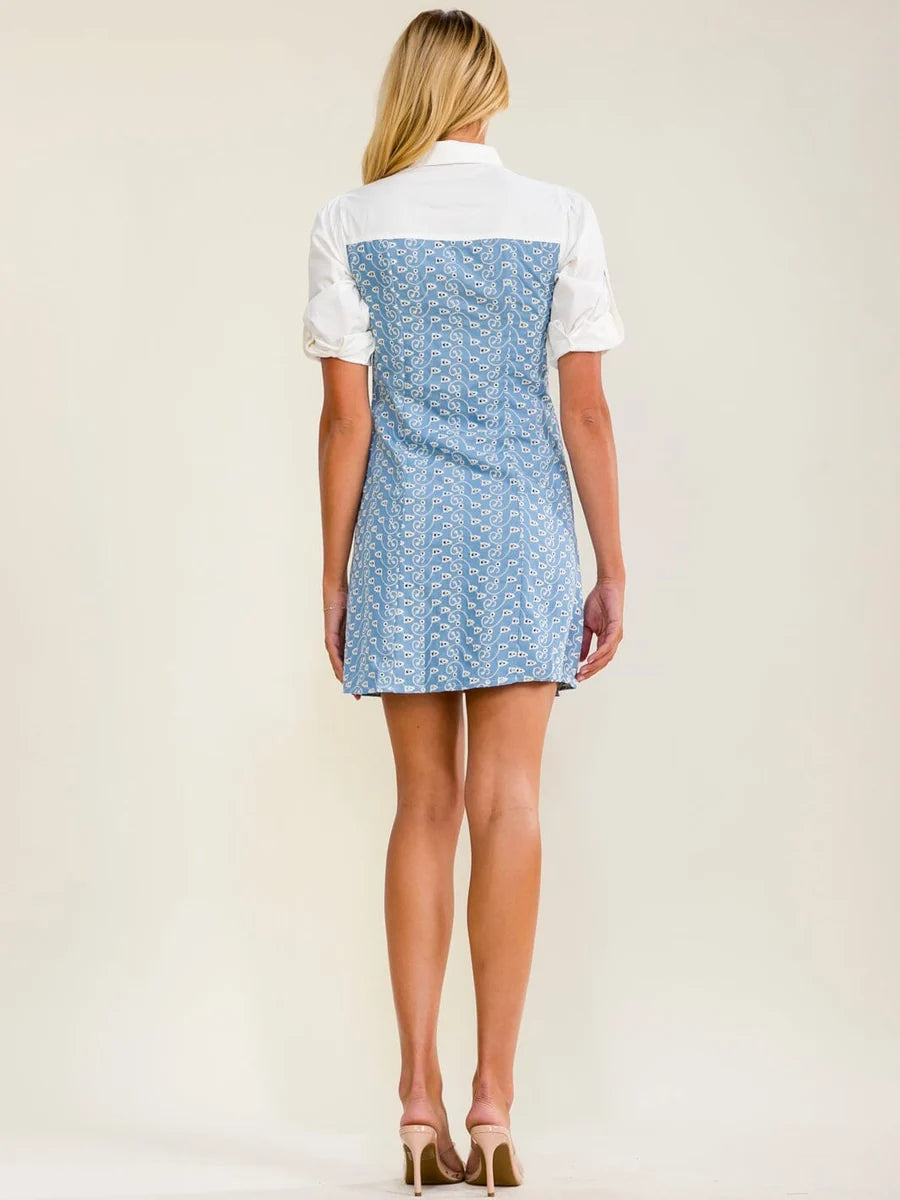 Women's Short Sleeve Mini Dress with Buttons, Eyelet Details & Contrast Denim - Light Blue
