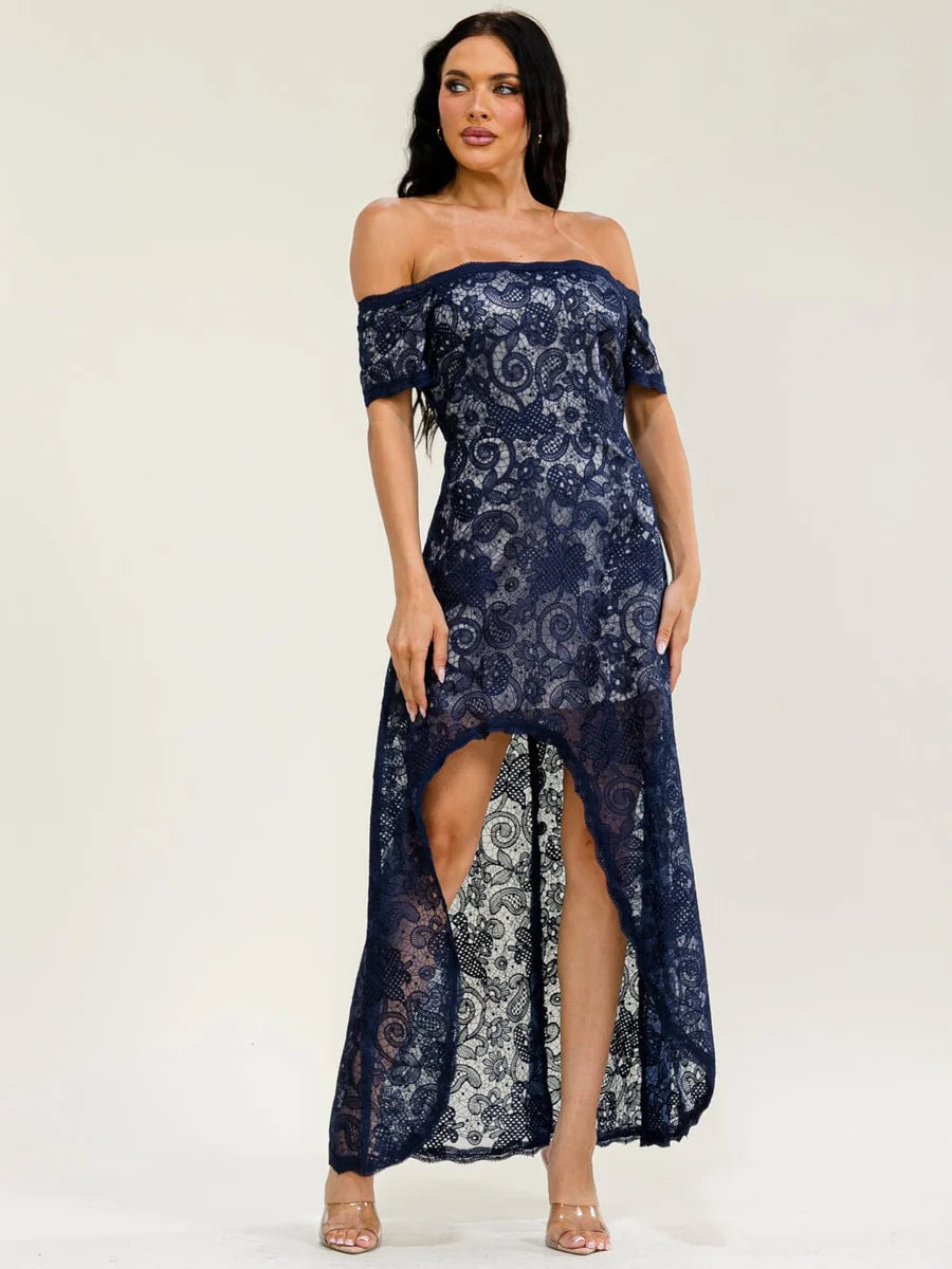 Women's Long Off-Shoulder Dress with Short Sleeves, Front Slit & Crochet Lace - Navy Blue