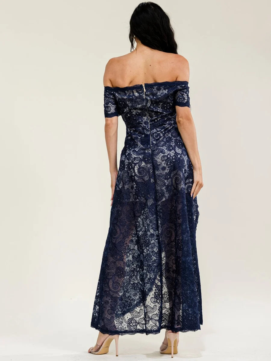 Women's Long Off-Shoulder Dress with Short Sleeves, Front Slit & Crochet Lace - Navy Blue