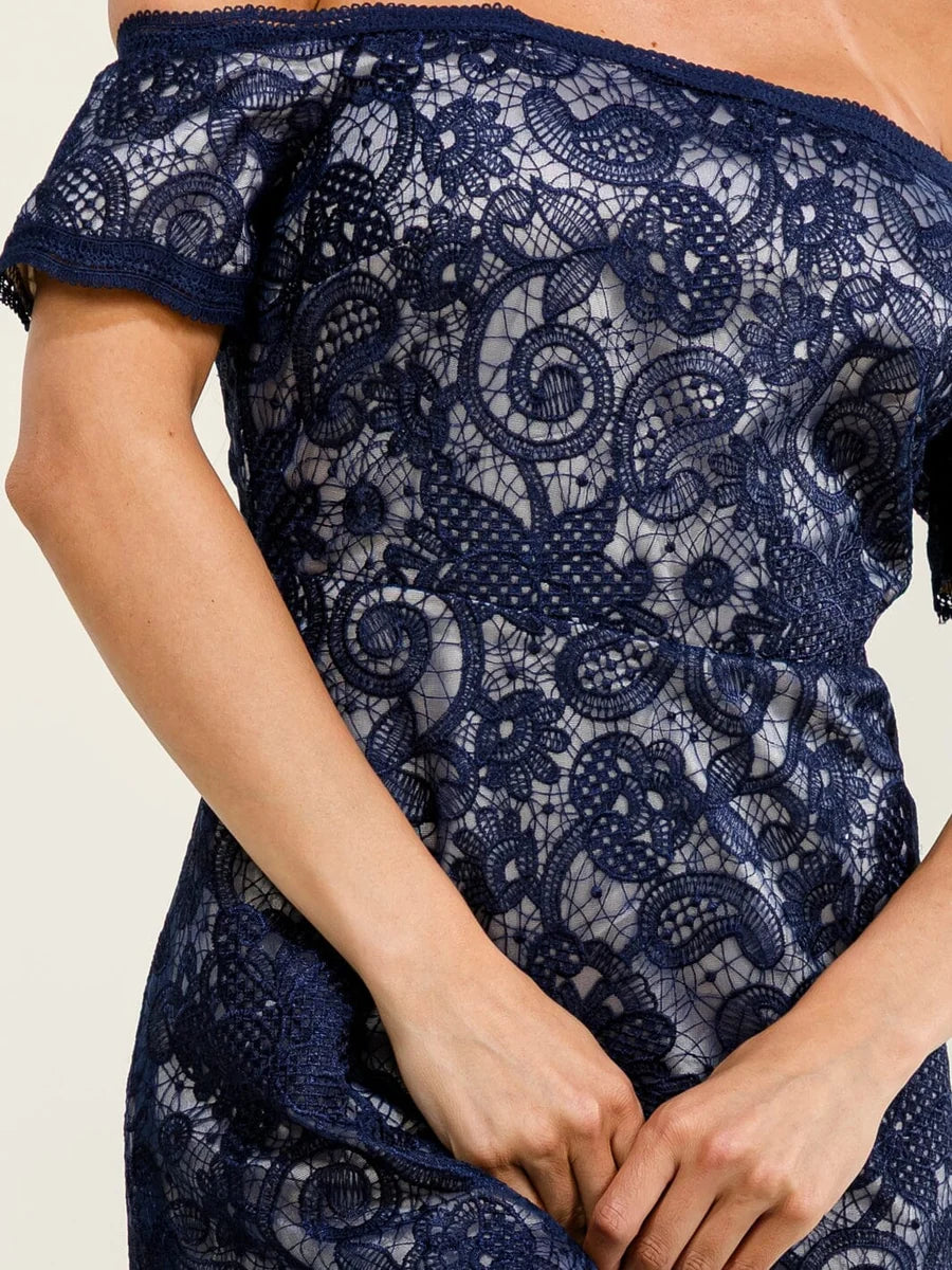 Women's Long Off-Shoulder Dress with Short Sleeves, Front Slit & Crochet Lace - Navy Blue