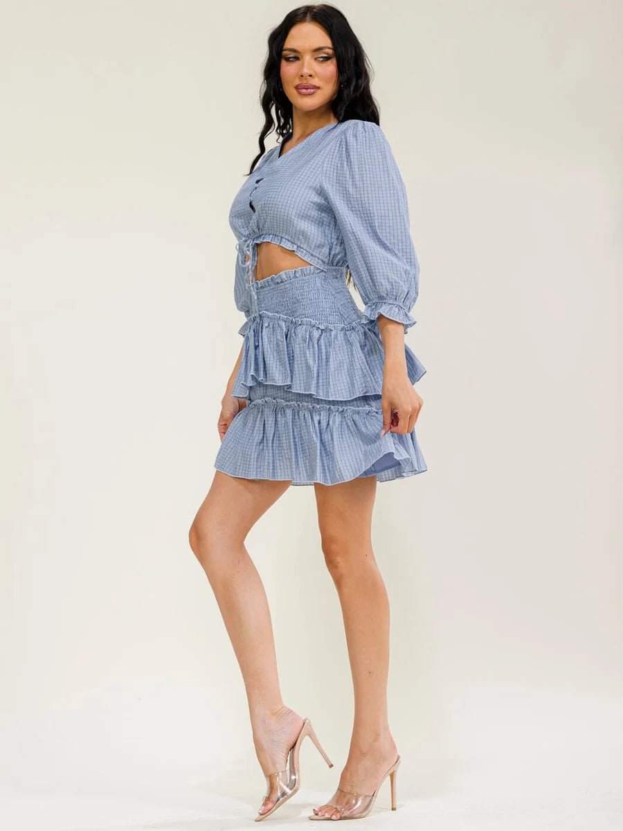 Women's Mini Dress with 3/4 Sleeves, Embellished Plaid Print - Ice Blue
