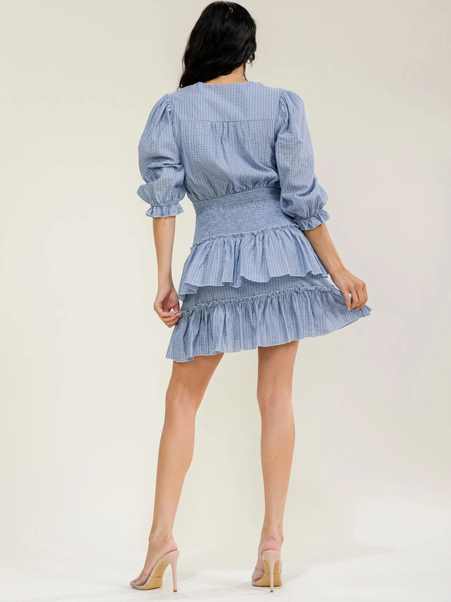 Women's Mini Dress with 3/4 Sleeves, Embellished Plaid Print - Ice Blue