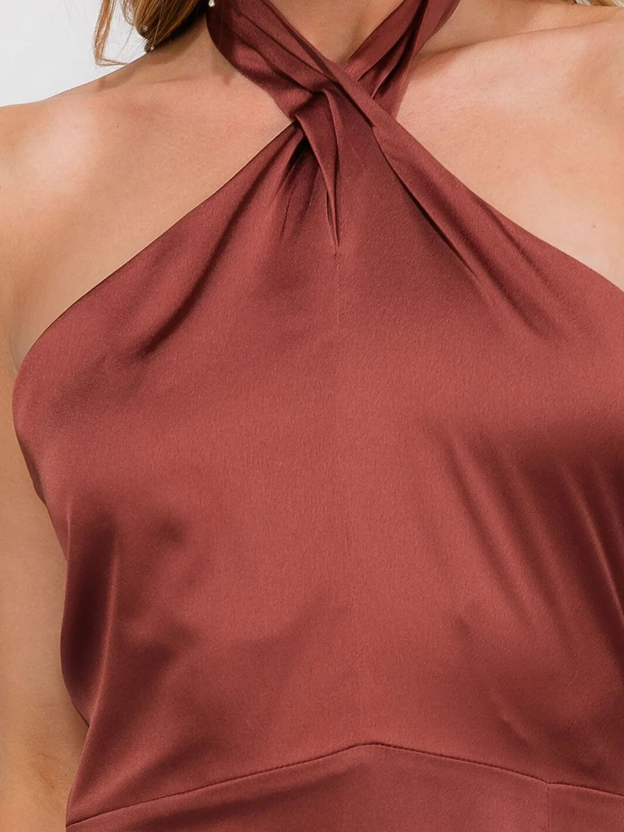 Women's Sleeveless Halter Neck Maxi Dress with Side Slit - Caramel Brown