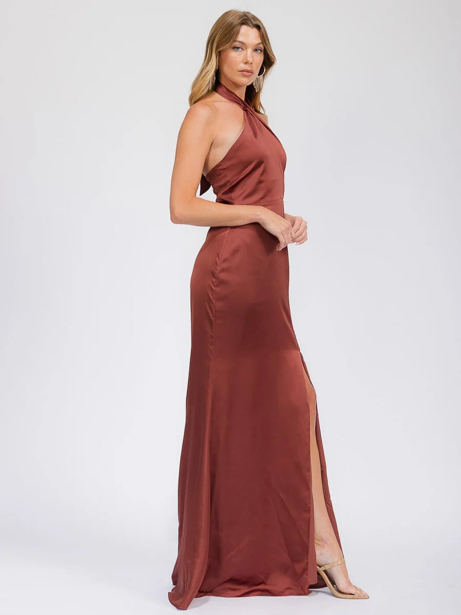 Women's Sleeveless Halter Neck Maxi Dress with Side Slit - Caramel Brown