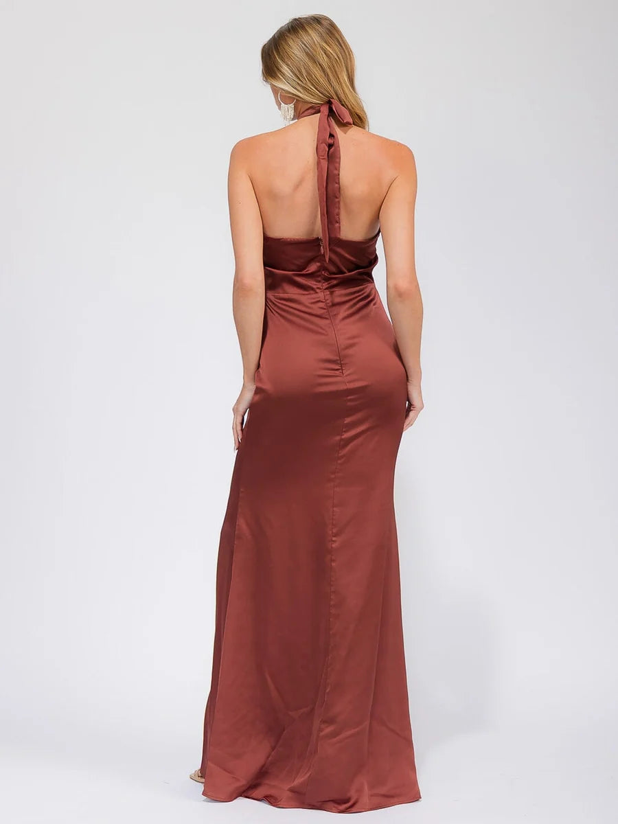 Women's Sleeveless Halter Neck Maxi Dress with Side Slit - Caramel Brown