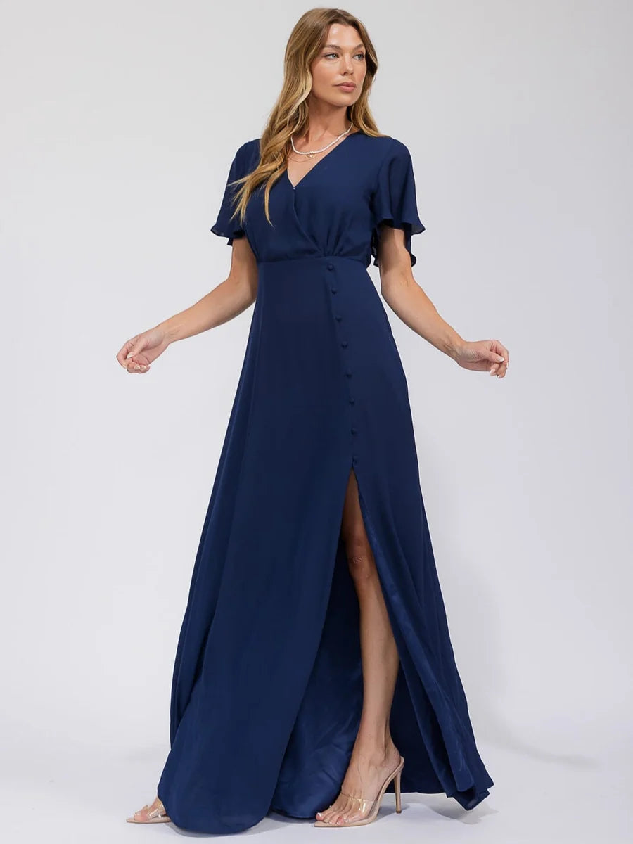 Women's Short-Sleeve Wrap Style Maxi Dress with Front Slit