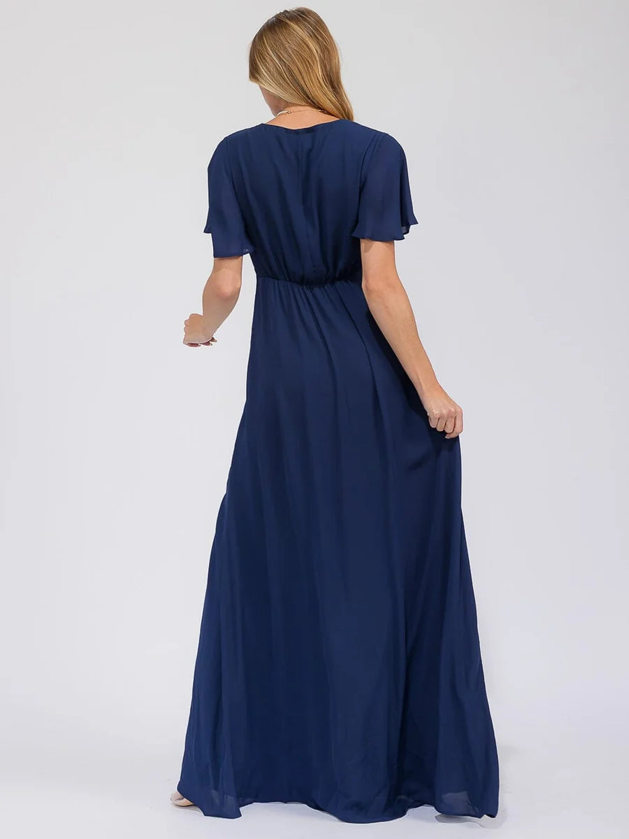 Women's Short-Sleeve Wrap Style Maxi Dress with Front Slit