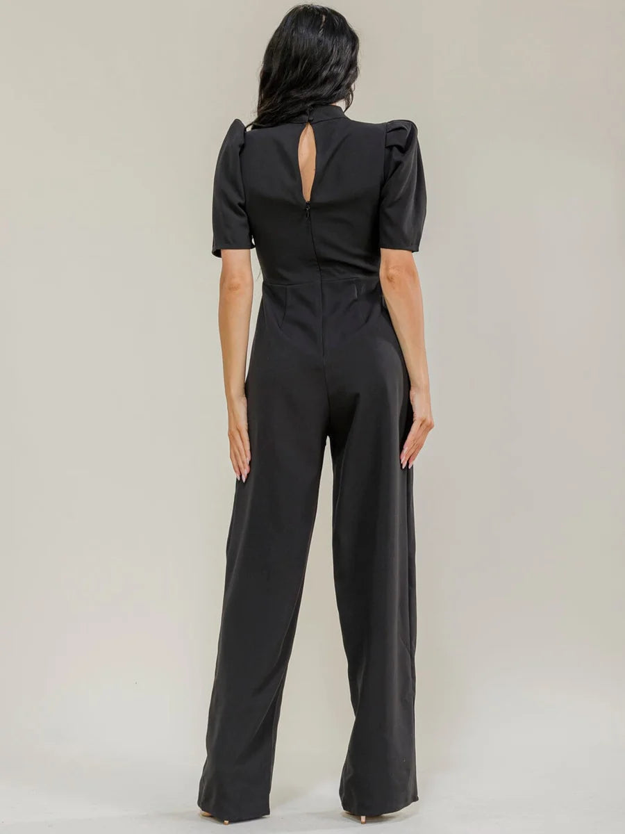Women's Short-Sleeve Puff Sleeve High Neck Wide-Leg Jumpsuit
