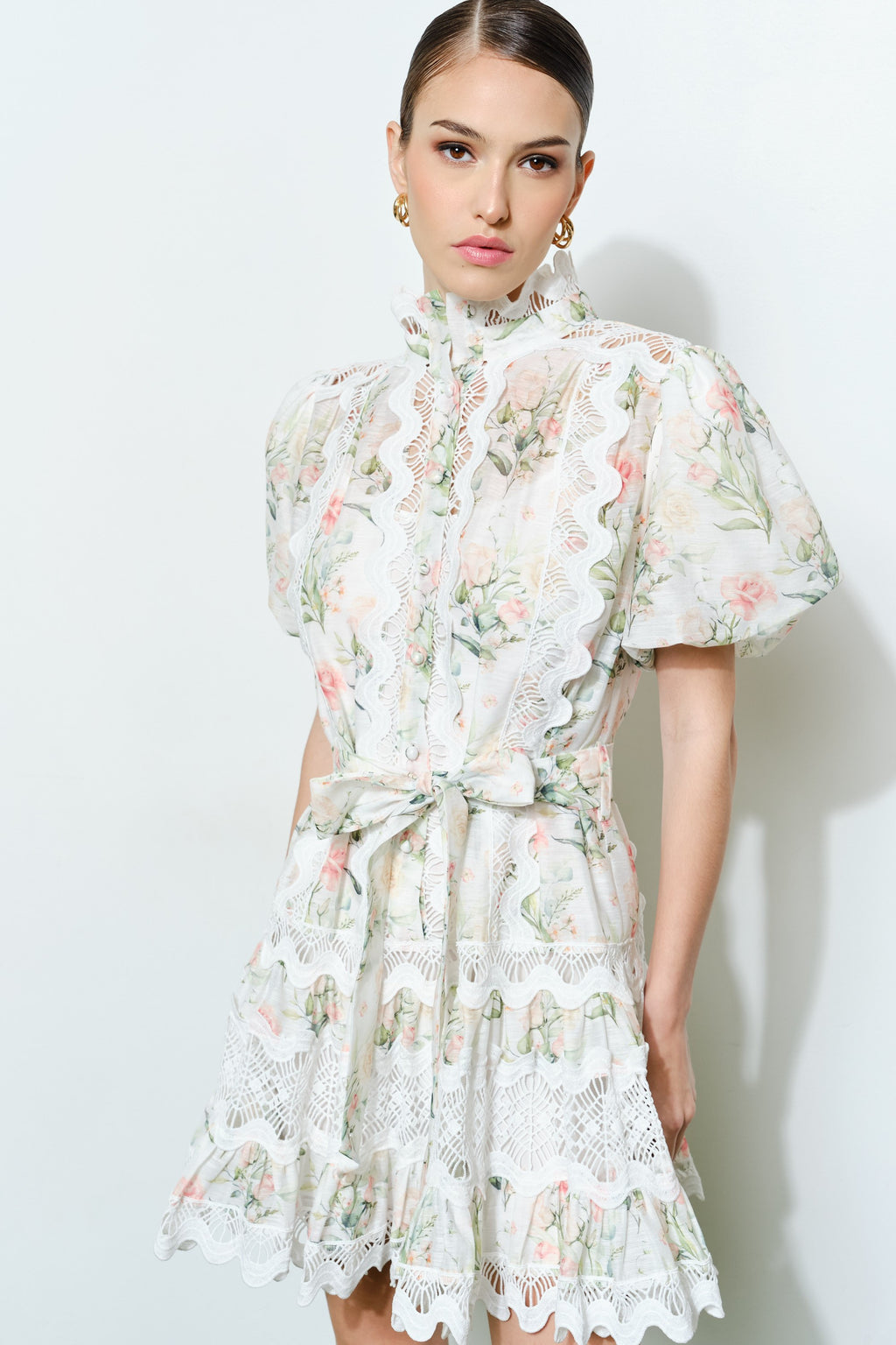 Romantic Floral Mini Dress with Lace Trim and High Neck