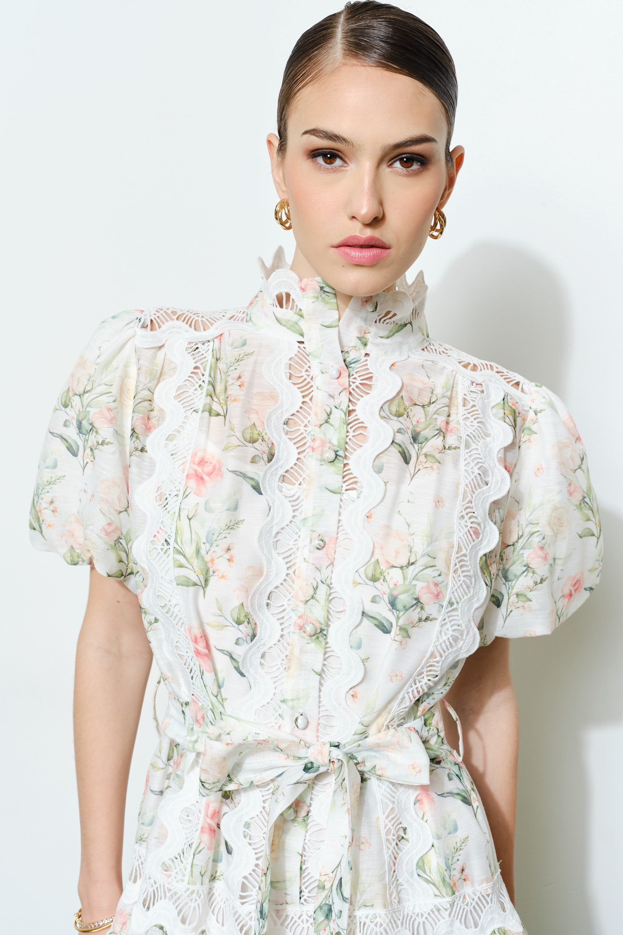 Romantic Floral Mini Dress with Lace Trim and High Neck