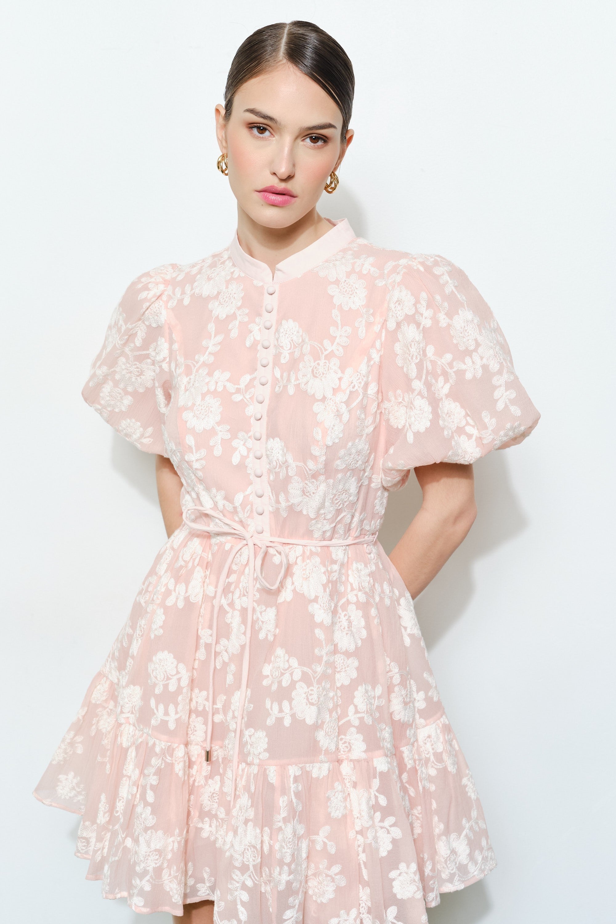 Romantic Floral Button Mini Dress with Waist Bow