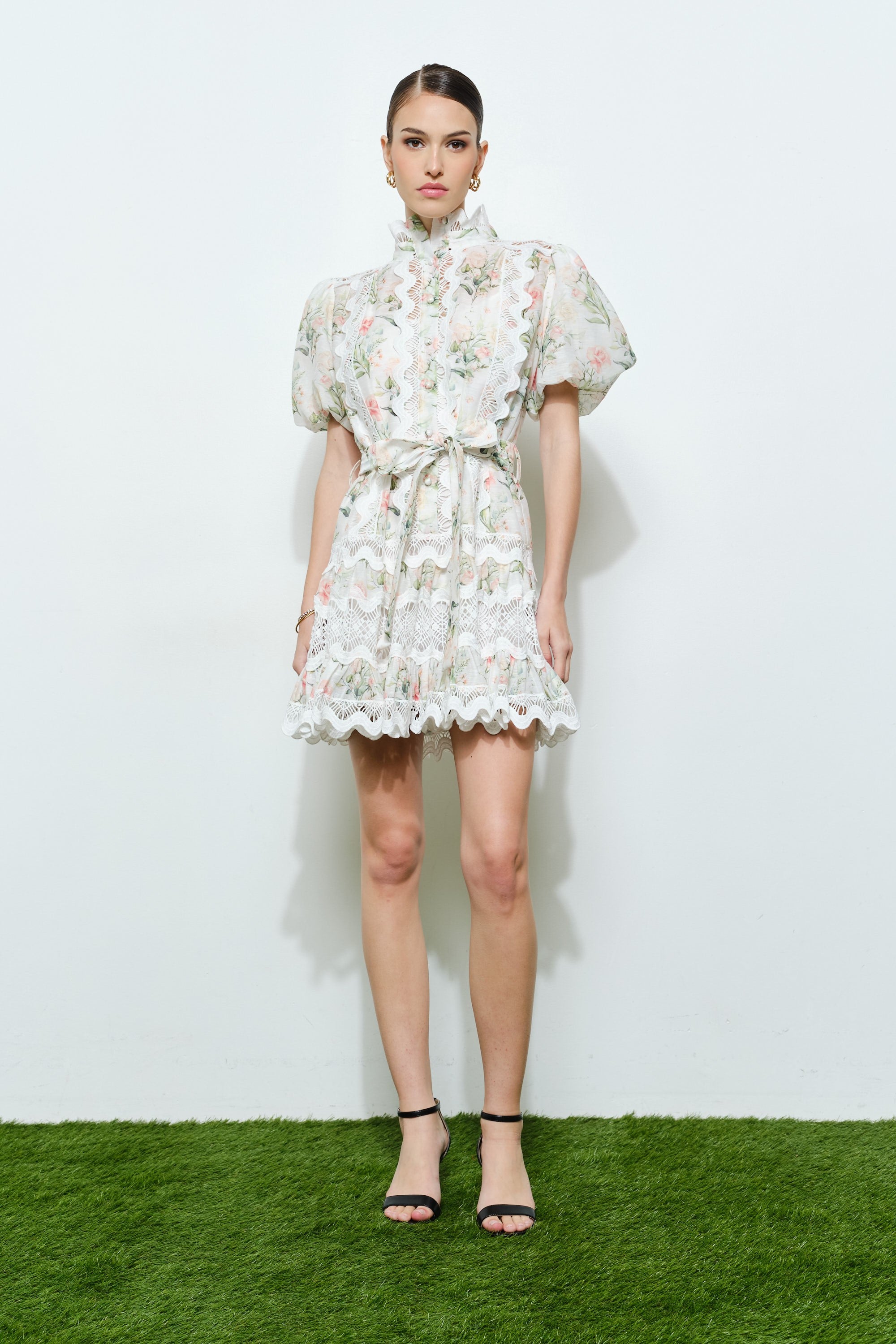 Romantic Floral Mini Dress with Lace Trim and High Neck