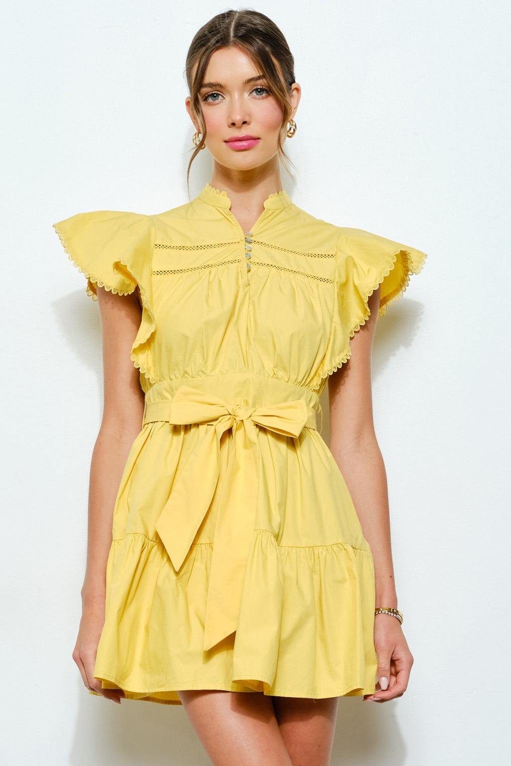 Cotton Mini Dress with Ruffled Sleeves and Lace Trim