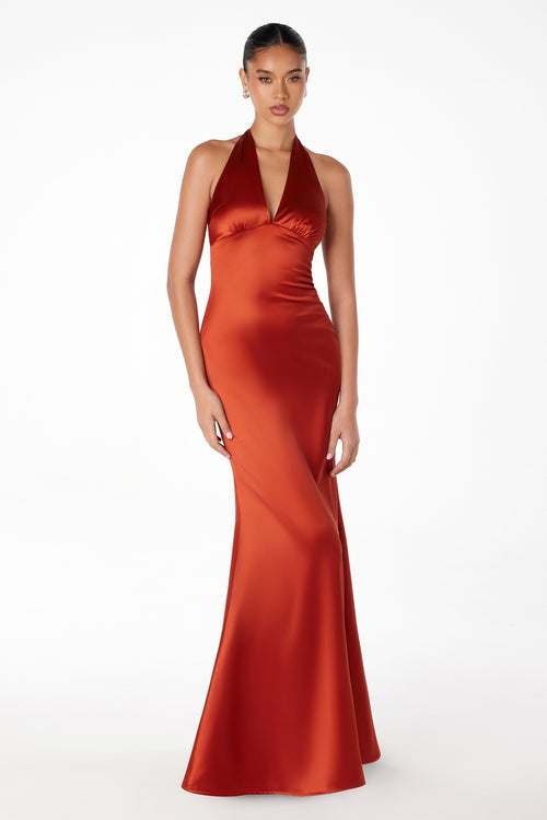 Deep V-Neck Halter Satin Maxi Dress